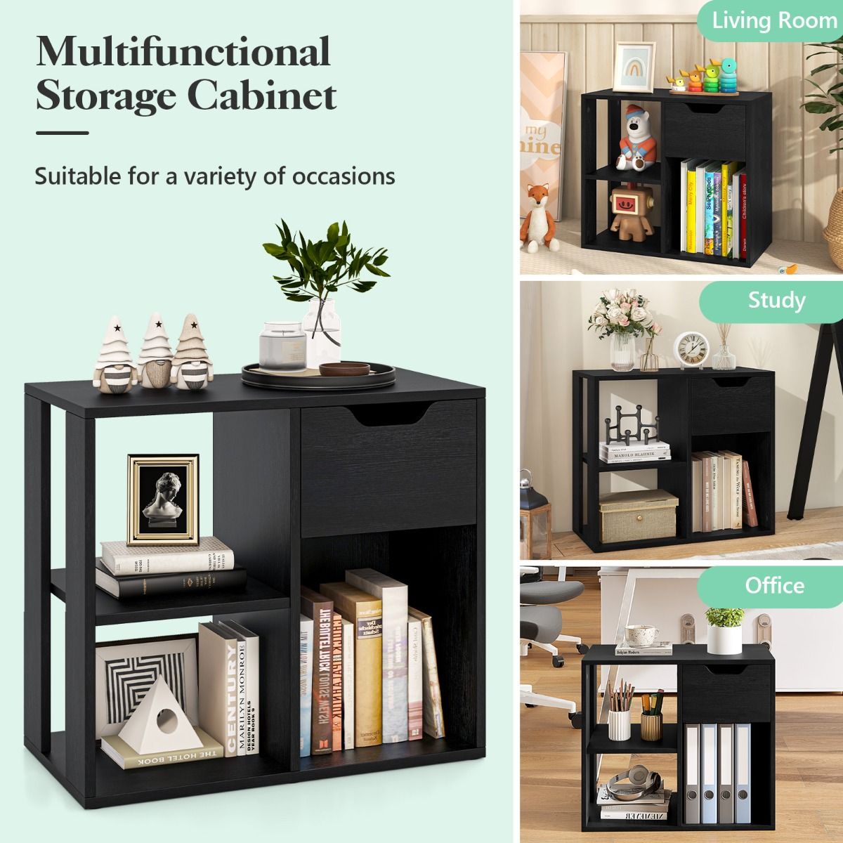 Coast Houten boekenrek met lade - 3 open vakken - zwart - 60 x 30 x 53 cm