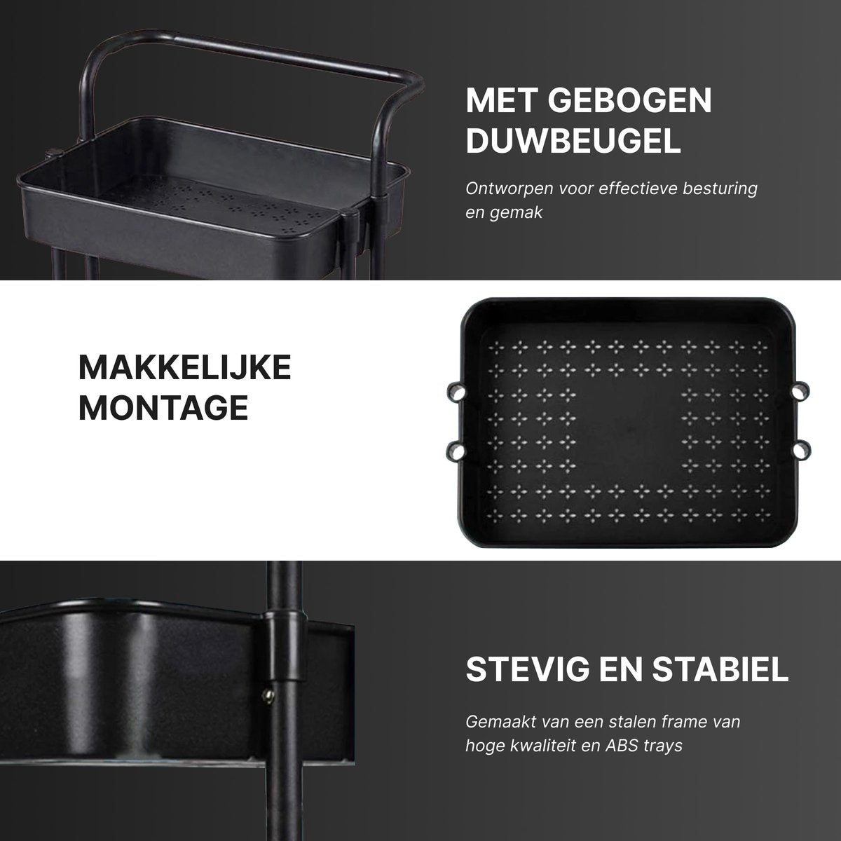 O'DADDY® Keukentrolley met Wieltjes - 3-Laags - 86 x 43 x 36 cm - Zwart