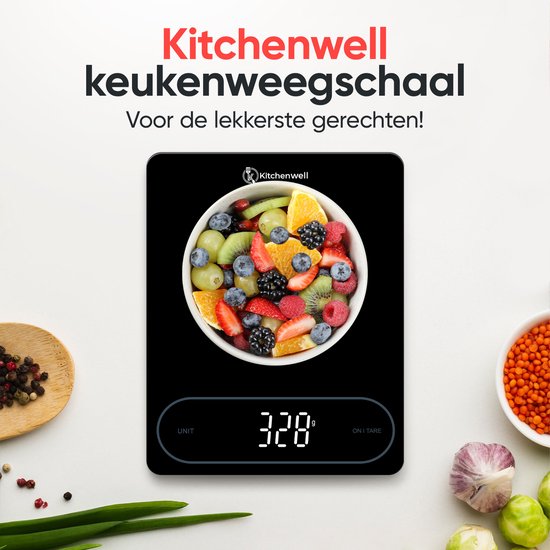 Kitchenwell Digitale Precisie Keukenweegschaal – Weegschaal Keuken - 1gr - 12kg – Tarra Functie - Batterij - Zwart