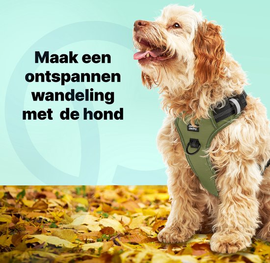 Jake en Jacky - Hondentuigje - Anti-Trek Tuig - Hondenharnas - Y Tuig Hond - Reflecterend - M - Groen