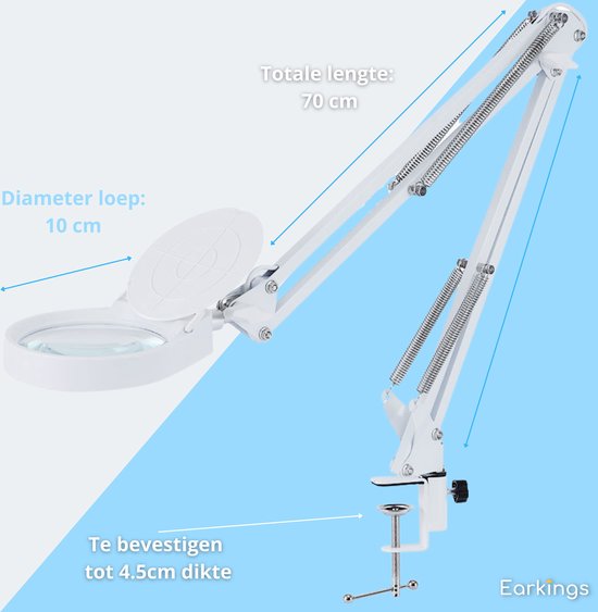 Earkings Loeplamp Vergrootglas met Verlichting - Loeplamp met LED Verlichting inclusief Tafelklem en 3 Lichtkleuren - Loep Vergroot 3x tot 10x en is 360 Graden draaibaar Wit