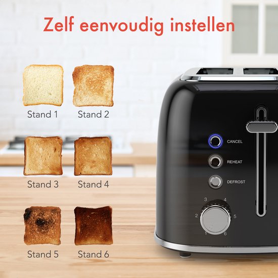 KitchenBrothers Broodrooster met Tostiklemmen - Toaster - 6 Warmteniveaus - Brede Sleuven - Broodrooster - 870W - Zwart
