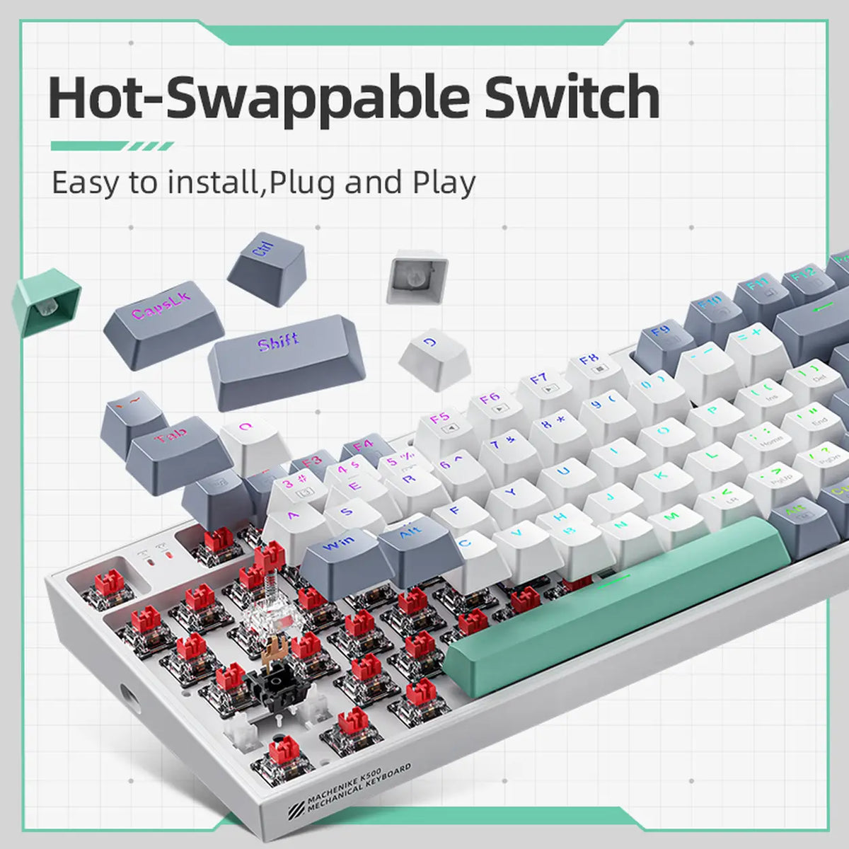 Machenike K500-B94 90% Mechanical Wired Keyboard, QWERTY US layout, Brown Switch RGB Gray