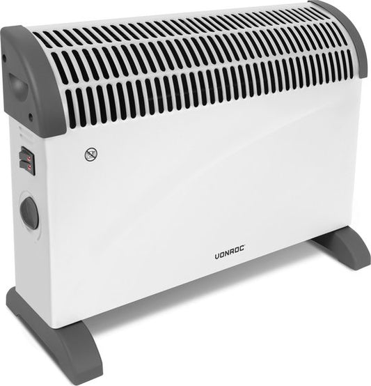 VONROC Elektrische kachel - Convectorkachel – 3 standen: 750W/1250W/2000W - Regelbare thermostaat- Verwarmt ruimtes tot 24m2 - Extra stevige behuizing – Geruisloos – Wit