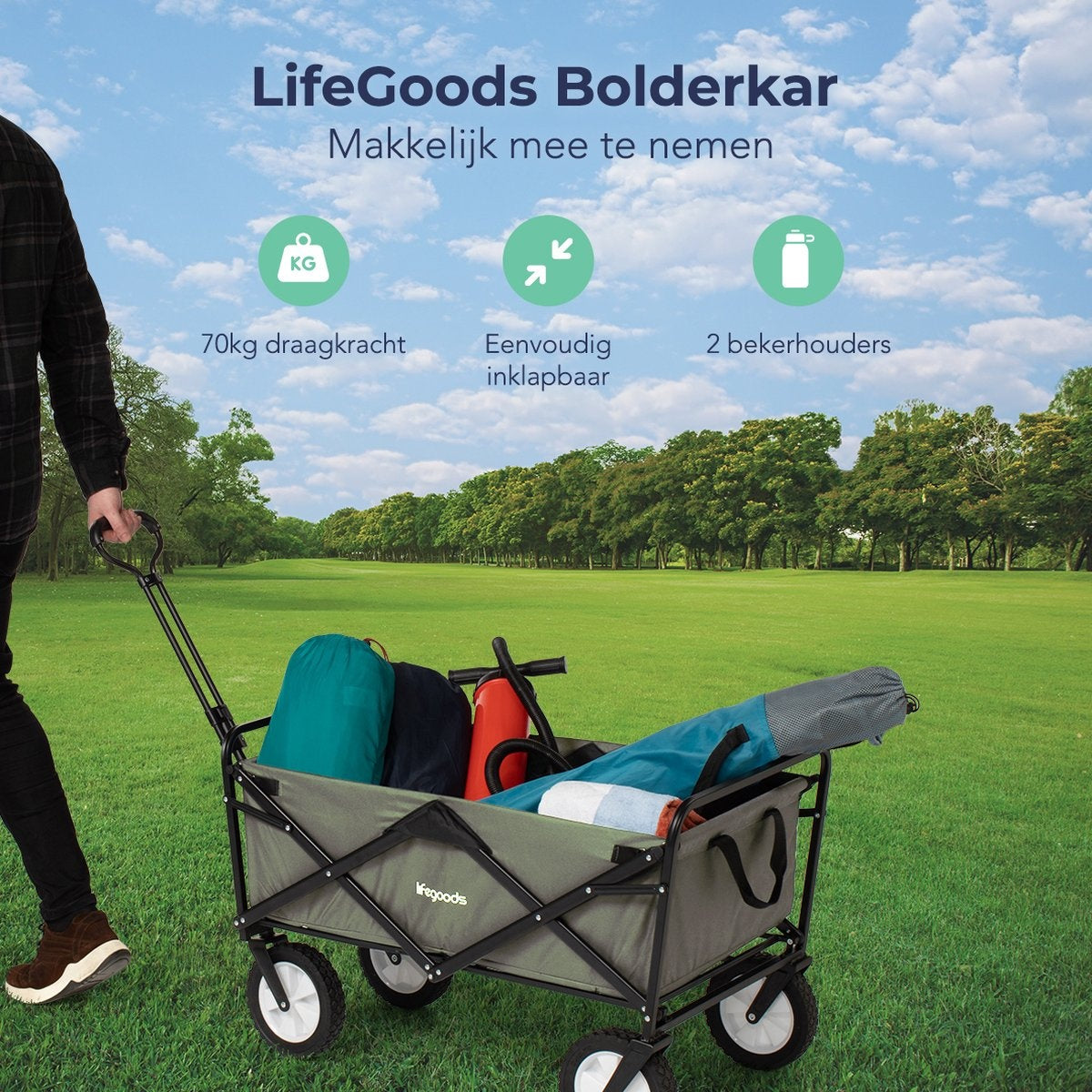 LifeGoods Bolderkar - Opvouwbaar - Draaibare wielen - 2 Standen - 70KG Draagkracht - Groen