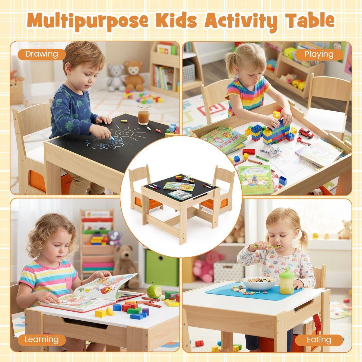 Coast Kindertafel en Stoelset - Houten activiteiten tafel - Dubbelzijdig blad - Naturel