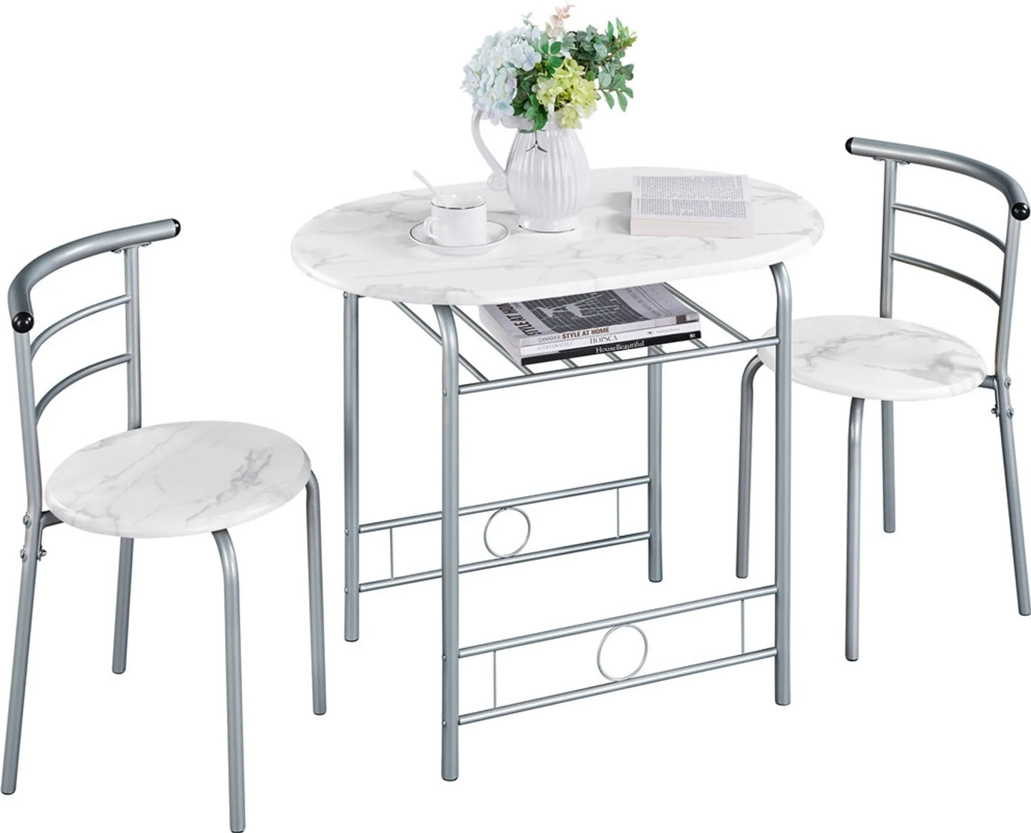 Yaheetech Eethoek 3-Delig – Voorzien Van Opbergvak Onder Het Tafelblad En Twee Stoelen Met Rugleuning En Ruimtebesparend Ontwerp – Voor Keuken En Balkon – Wit Mdf En Metaal – 90 x 53 x 75,5 cm
