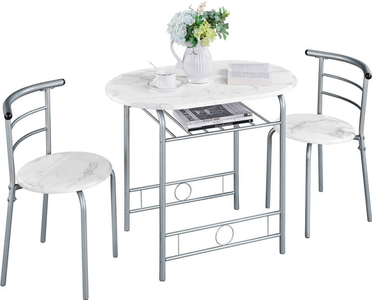 Yaheetech Eethoek 3-Delig – Voorzien Van Opbergvak Onder Het Tafelblad En Twee Stoelen Met Rugleuning En Ruimtebesparend Ontwerp – Voor Keuken En Balkon – Wit Mdf En Metaal – 90 x 53 x 75,5 cm