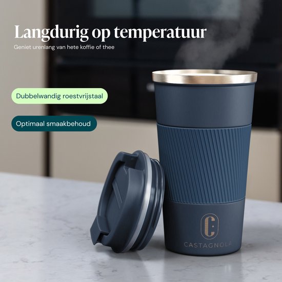 Castagnola Thermosbeker - Koffiebeker To Go - Travel Mug voor Koffie en Thee - Theebeker - 510 ML - RVS - Donkerblauw