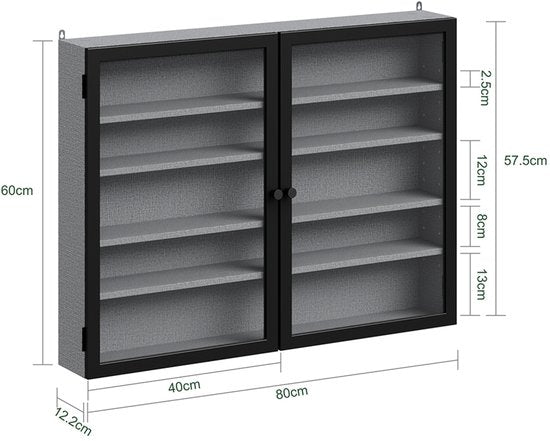 SoBuy Wandvitrine – 4 Verstelbare Legplanken – Glazen Deuren – 80 x 12,2 x 60 cm – Zwart/Grijs