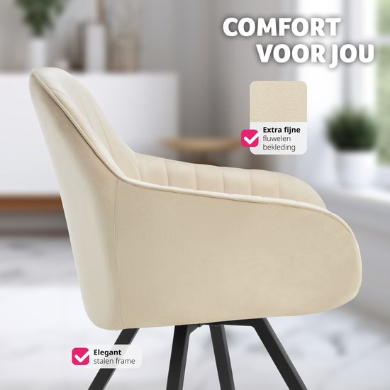 tectake Eetkamerstoel – Draaibaar met Armleuningen & Fluwelen Bekleding – 58 x 58 x 82 cm – Crème