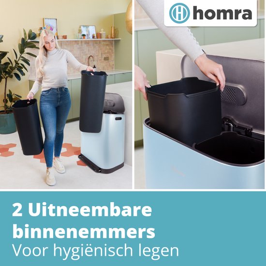 Homra Rockx Prullenbak 60 Liter - Duo Pedaalemmer 2X30L met Geurfilter - RVS Afvalscheidingsprullenbak 2 Vakken - Recycle Afvalbak - Vuilnisbak Keuken - Afvalemmer Afvalscheiding - Dubbele Prullenbakken Blauw