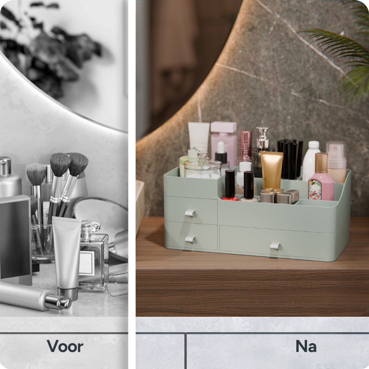 Organess Make-up Organizer 2024 – Groen Acryl – 3 Lades & 2 Vakken – Skincare Opbergdoos