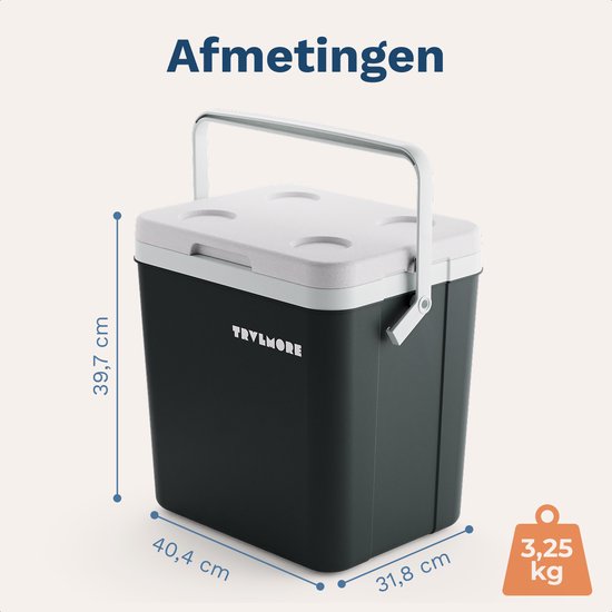 TRVLMORE Koelbox 26L - 65 Uur Koeling - Frigobox - Inclusief 2 Koelelementen - Antraciet