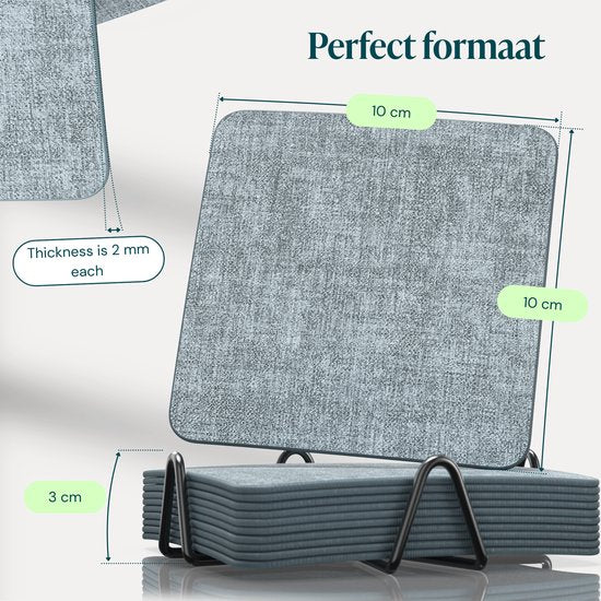 Castagnola Kunstlederen Onderzetters – Onderzetters voor Glazen – Design Onderzetters met Houder – Leren Onderzettersset met metalen houder – Leder – Set van 10 - Gemêleerd Blauw - 10x10cm