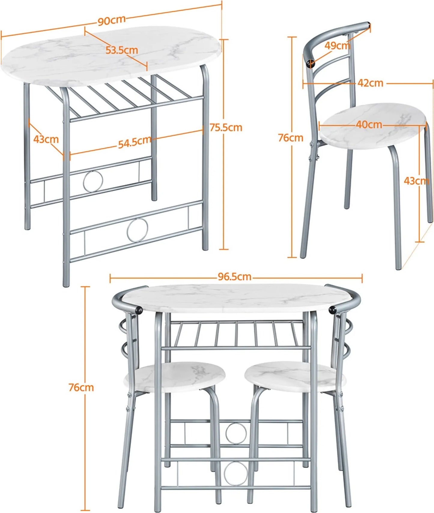 Yaheetech Eethoek 3-Delig – Voorzien Van Opbergvak Onder Het Tafelblad En Twee Stoelen Met Rugleuning En Ruimtebesparend Ontwerp – Voor Keuken En Balkon – Wit Mdf En Metaal – 90 x 53 x 75,5 cm