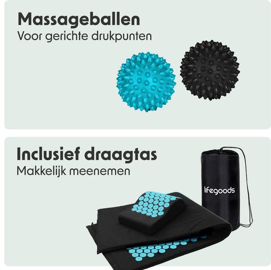 LifeGoods Acupressuur Mat XL - met Kussen - Shakti mat - Spijkermat Incl. 2x Triggerpoint Bal - 128x48x2cm - Zwart/Turquoise