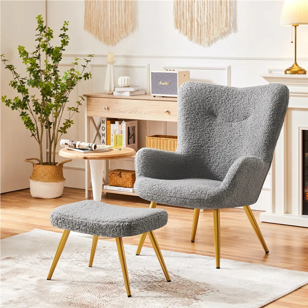 Yaheetech Wingback Stoel - Voetenbank - 70 x 67,5 x 97,5 cm – Grijs