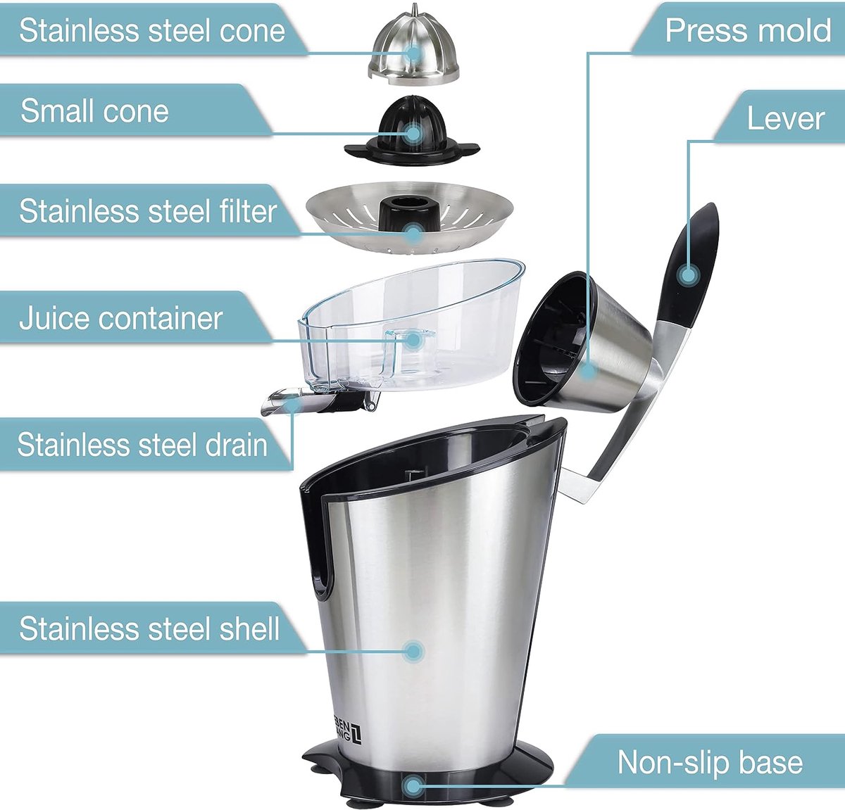 LEBENLANG Elektrische Citruspers – 600W  – 19 x 25 x 30 cm – Zilver