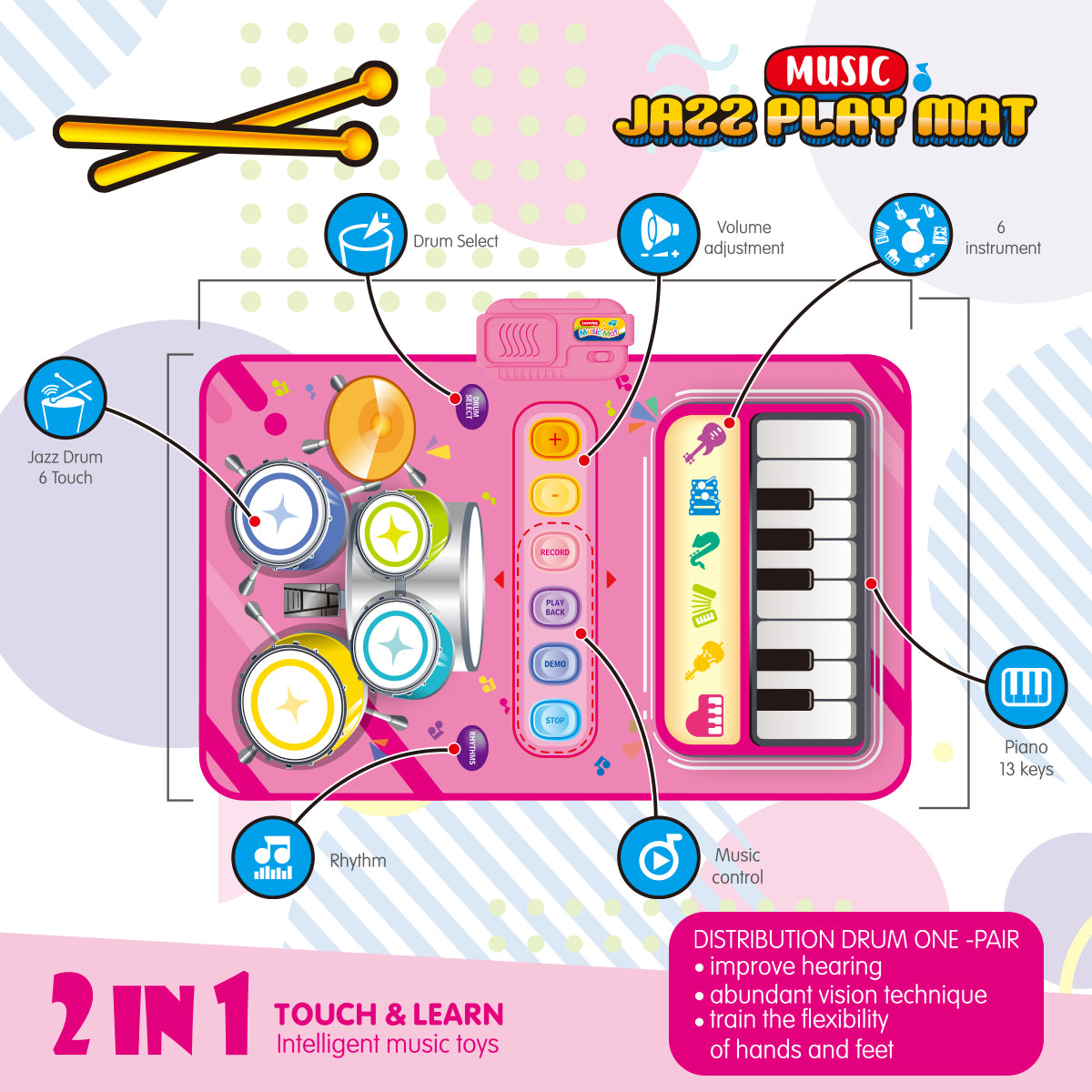 2-in-1 Muziekmat voor Kinderen – Piano & Drums – 33 Geluiden – 80 x 50 cm