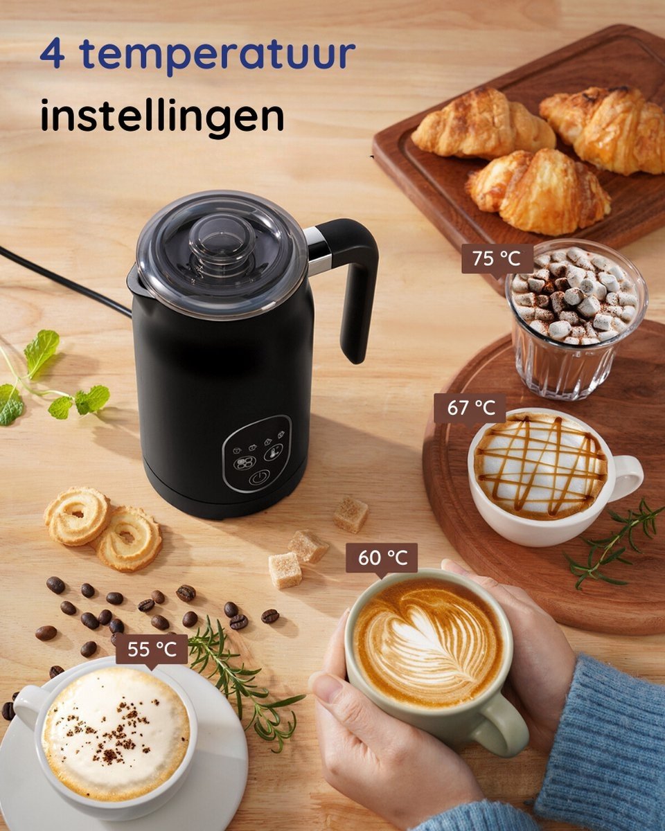 Safecourt Kitchen Melkopschuimer 4-in-1 – Elektrisch – Zwart – Voor Cappuccino & Latte