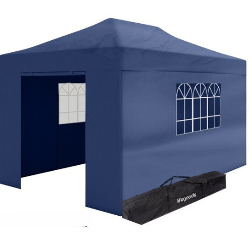 LifeGoods Partytent - Paviljoen - EasyUp - Opvouwbaar - Waterdicht - Met Draagtas met wieltjes - 440 x 297 cm - Donkerblauw