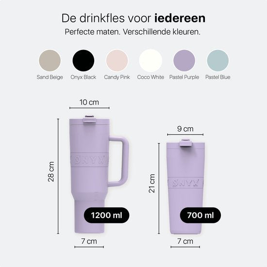 ONYX Drinkfles met Rietje 1.2 Liter - Waterfles voor Kinderen & Volwassenen - Thermosbeker RVS Travel Mug - Motiverende Drinkbus - Drinkbeker voor School - Pastel Purple
