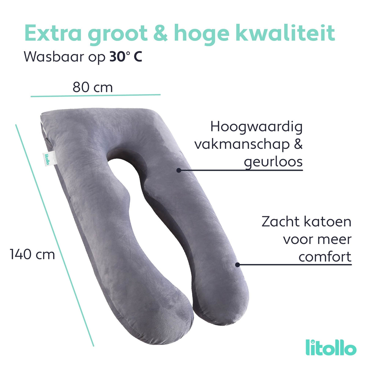 Litollo® Zwangerschapskussen XXL | Voedingskussen | Lichaamskussen| 280cm | Zachte fleece stof |Body pillow | Afneembare hoes | Grijs