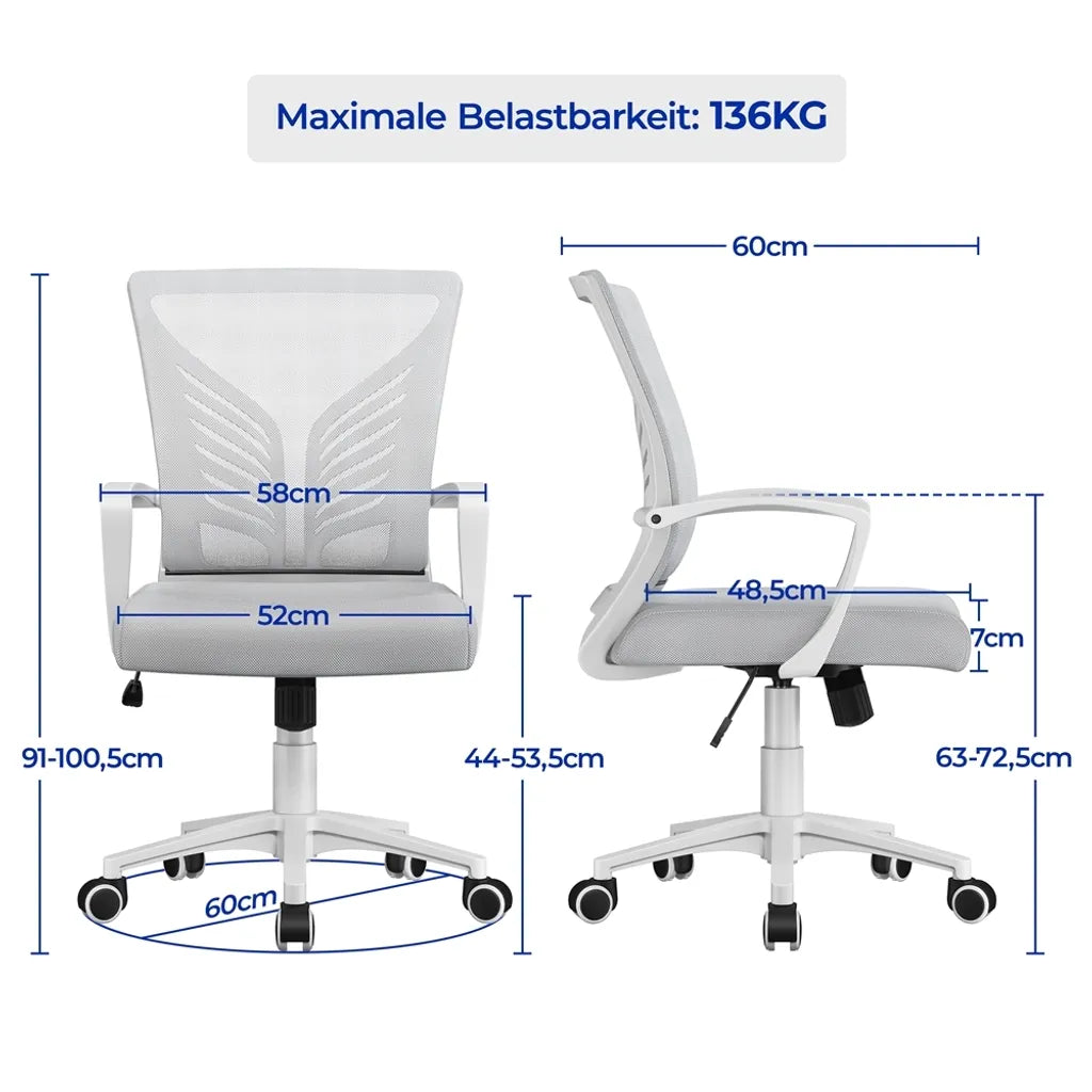 Yaheetech Bureaustoel - Ergonomisch - Lichtgrijs - Verstelbaar