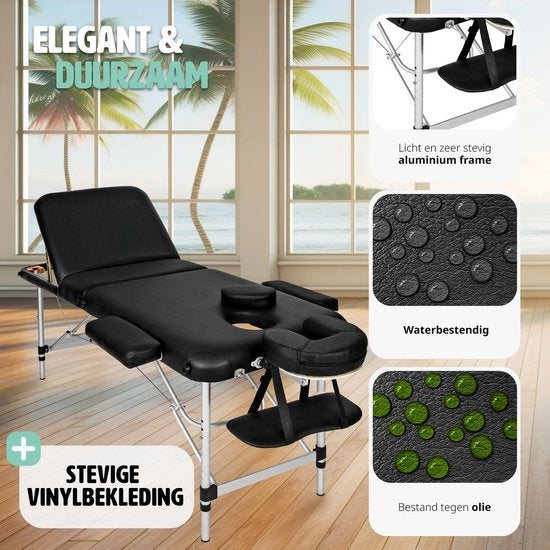 Mobiele Aluminium Massagetafel 3 Zones - Zwart - behandeltafel - behandelbank – incl. opbergtas – opvouwbaar
