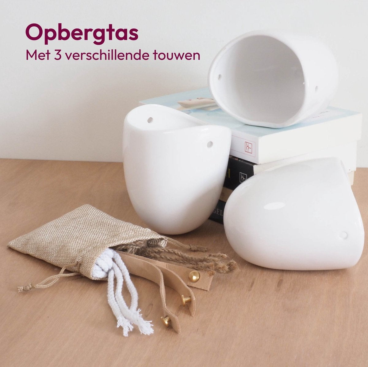 Gadgy Plantenhanger Keramiek – Set van 3 – Wit Steen- Hangpot – Hangende Bloempot Plantenpot - met 3 verschillende Koorden – 12 x 11 x 9.5 cm