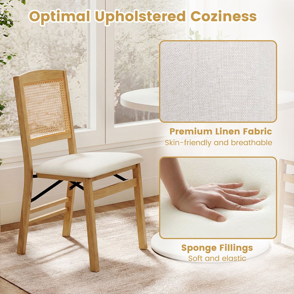 Coast Opvouwbare Eetkamerstoelen Set van 2 - Hout en PE-rotan - Linnen zitting - Naturel
