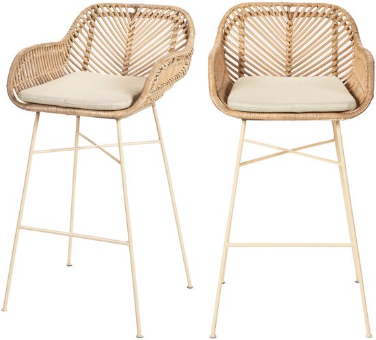 Nunuhai - Set van 2 rotan barkrukken met beige poten, hoogte 68 cm