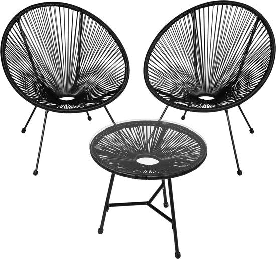 tectake® - Tuinmeubel-bistroset - 2 stoelen en 1 tafel - Retro Egg Chairs in Acapulco-stijl - Weerbestendig binnen- en buitengebruik - Tuinset voor terras of balkon - Zwart