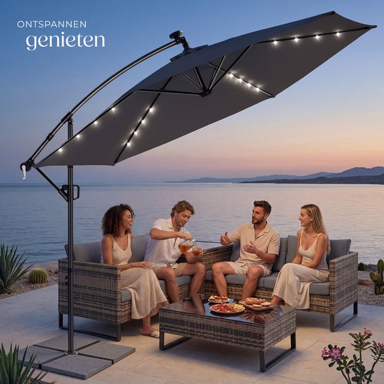 tectake® Zweefparasol met Voet - 3,5 x 3,5 m - Tuinparasol met LED-Verlichting op Zonne-Energie - Draaibaar - Waterafstotend Polyester met UV-Bescherming - Inclusief Hoes - Grijs