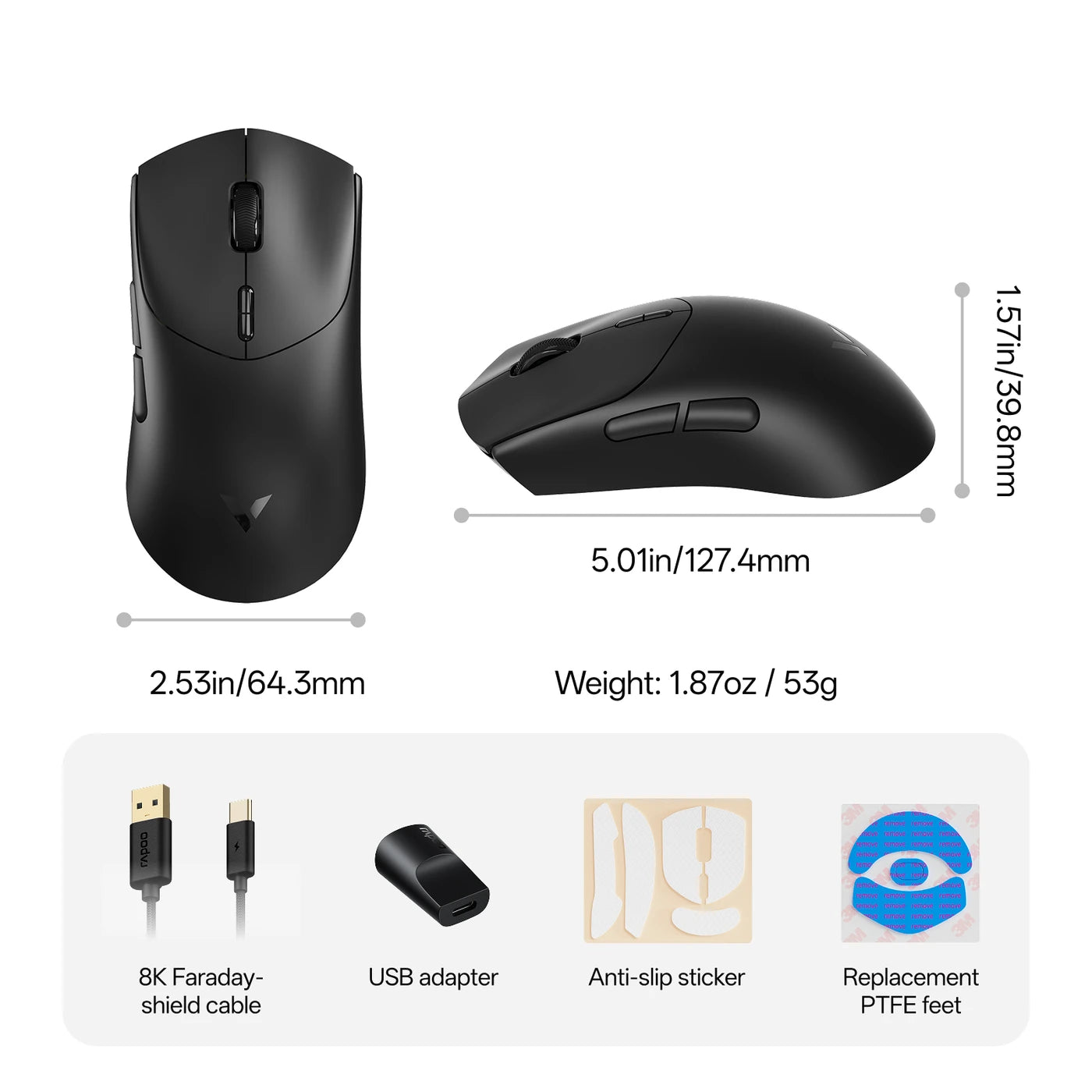 Rapoo VT7 Draadloze Gaming Muis - 8000Hz Polling Rate - 26K DPI - 53g Lichtgewicht - Zwart