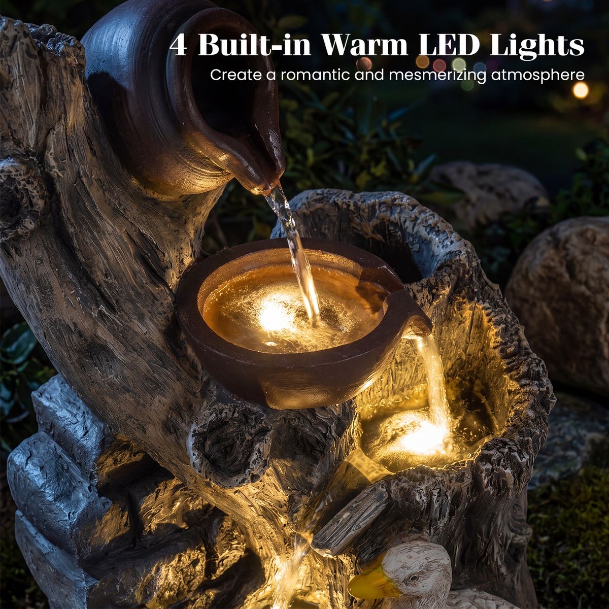 Coast Tuinfontein met eendenfamilie - 4-traps waterval - LED-verlichting - grijs - 30 x 27 x 57 cm