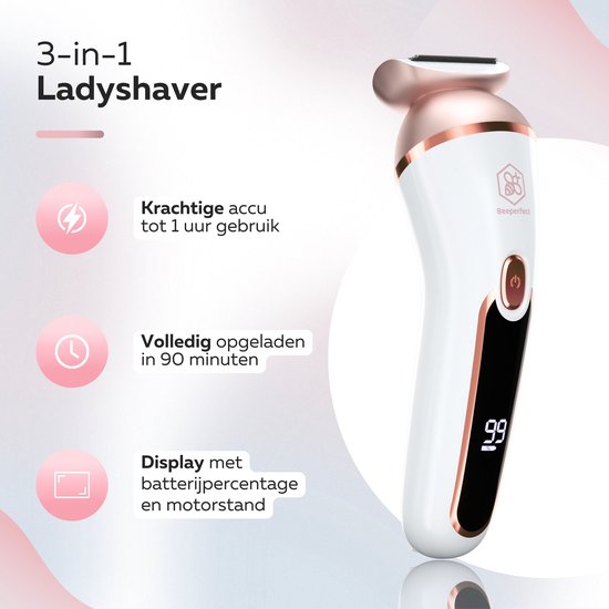 Beeperfect® 3 in 1 Ladyshaves Voor Vrouwen Prime - Scheerapparaat Vrouw - Bikinitrimmer - Oplaadbaar - Waterdicht - 3 Opzetstukken
