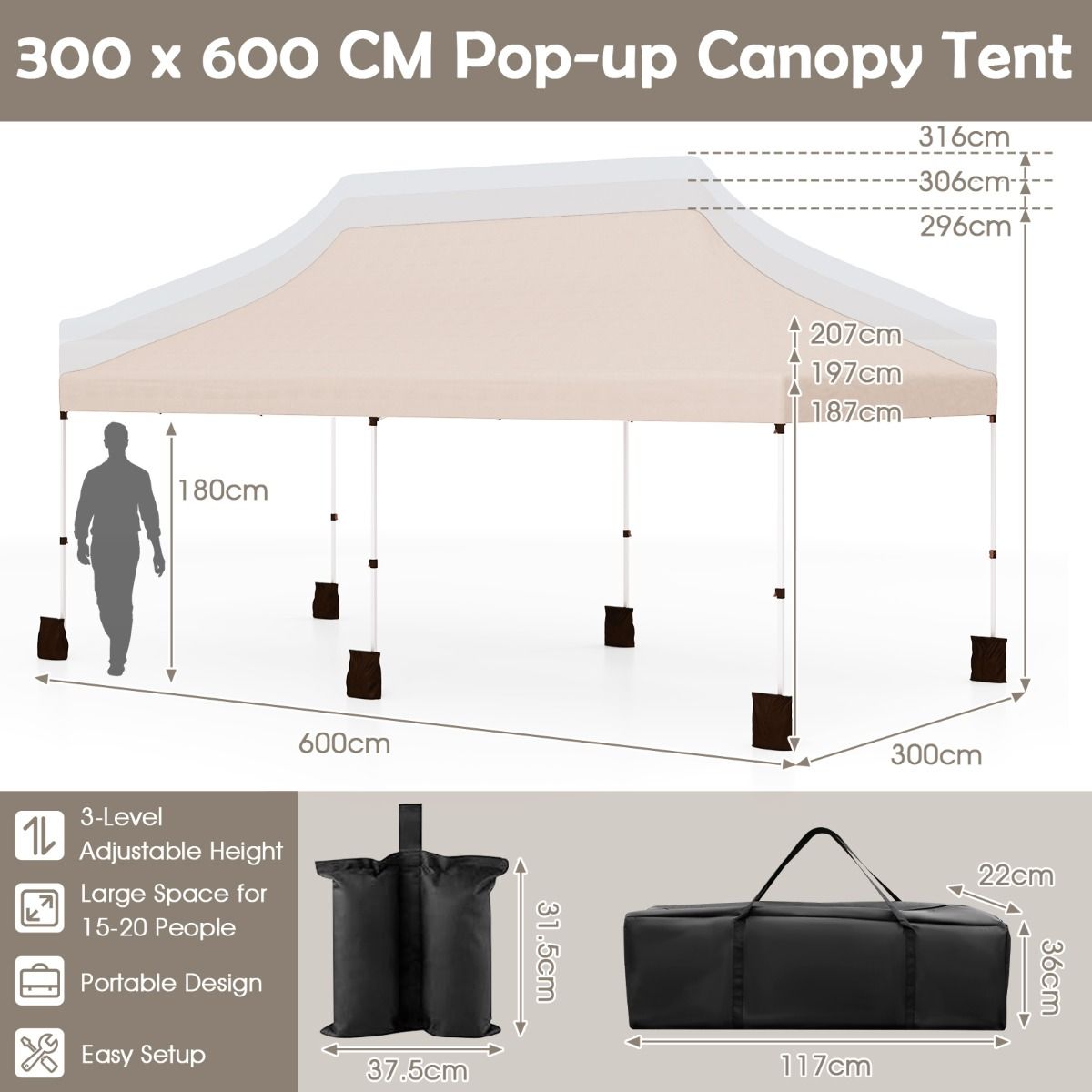 Coast Opvouwbaar Tuinpaviljoen - Waterdichte partytent - Zonwering - 300 x 600 cm - Beige