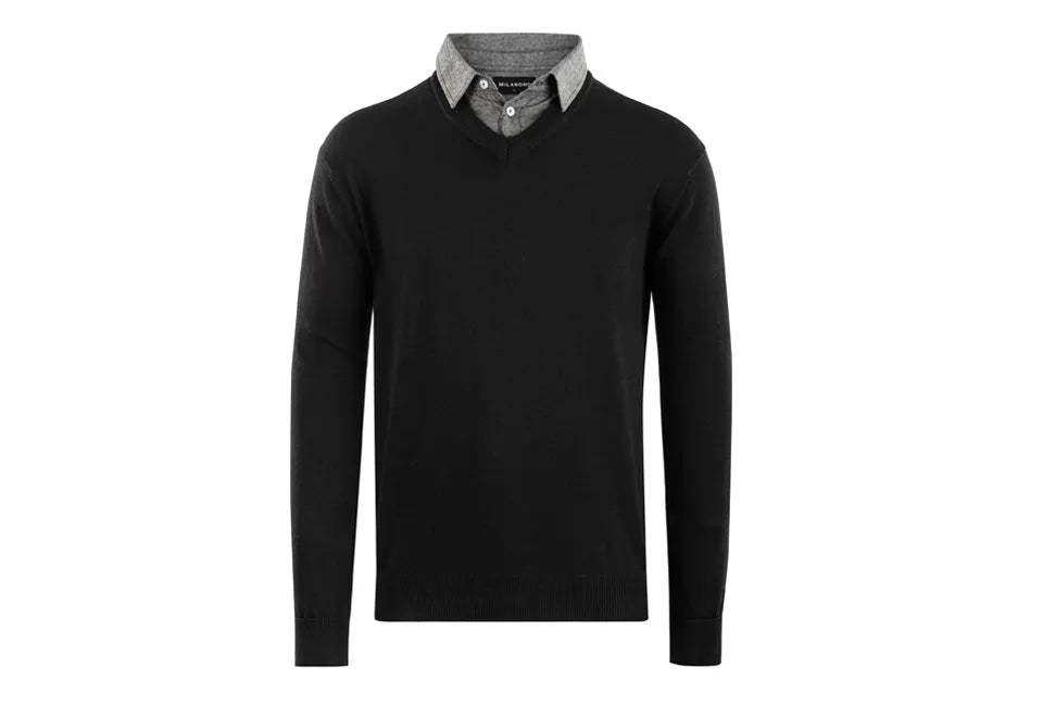 Milanoro Herenpullover Maat M - Overhemdkraag - Katoen/Acryl - Zwart
