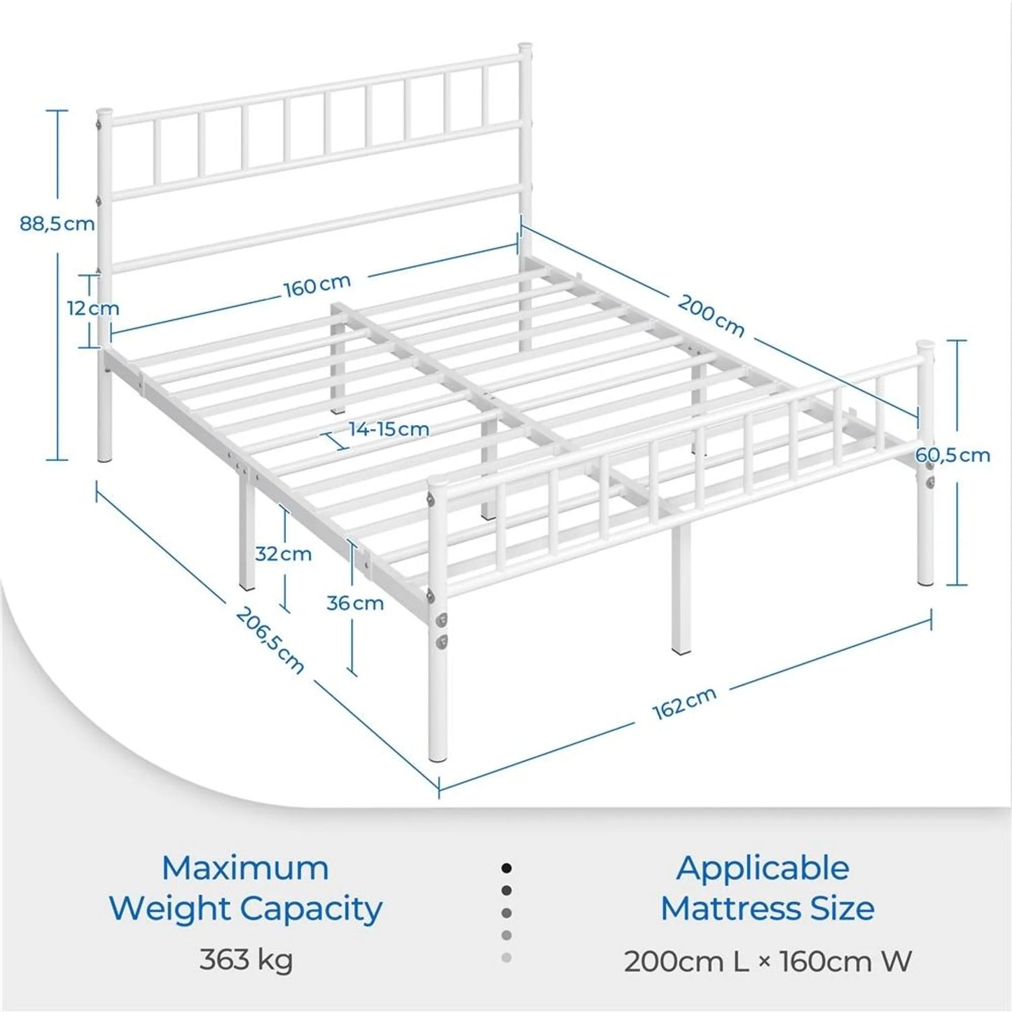 Yaheetech Metalen Bedframe 160 x 200 cm – Voorzien Van Hoog Hoofd- En Voetbord En 12 Metalen Latten En 32 cm Opbergruimte – Voor Slaapkamer En Logeerkamer – Wit Metaal – 207 x 162 x 88,5 cm