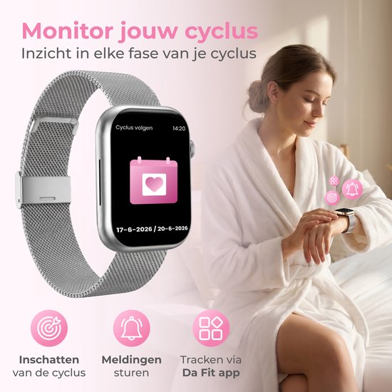 Nuvance Smartwatch Dames - Smartwatch Heren - Stappenteller Horloge Dames - Hartslagmeter - Sporthorloge - Geschikt voor iOS/Android - AMOLED - Incl. 5 Bandjes - Zilver