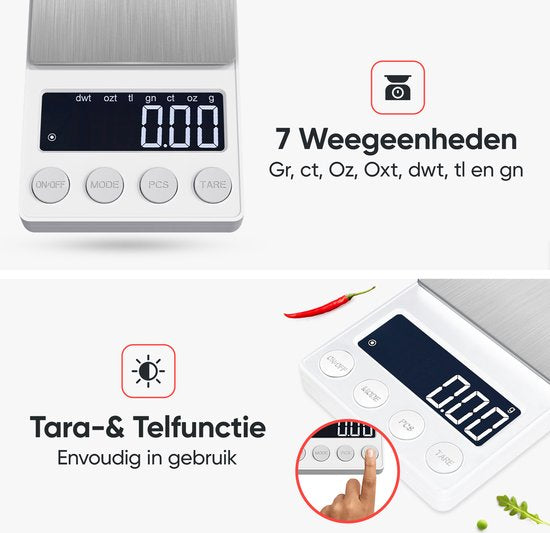 Kitchenwell digitale mini precisie keukenweegschaal wit - 0,01 tot 200 gram - 14.2 x 7.5 cm - pocket scale op batterij - weegschaal keuken