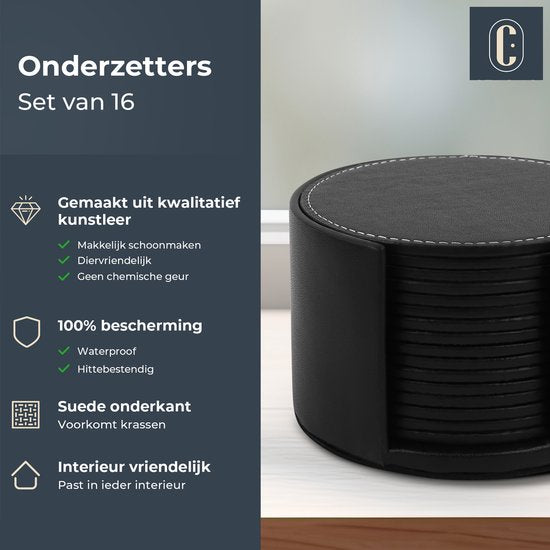 Castagnola Kunstlederen Onderzetters – Onderzetters voor Glazen – Design Onderzetters met Houder – Leren Onderzettersset – Leder – Set van 16 - Zwart met Stiksel