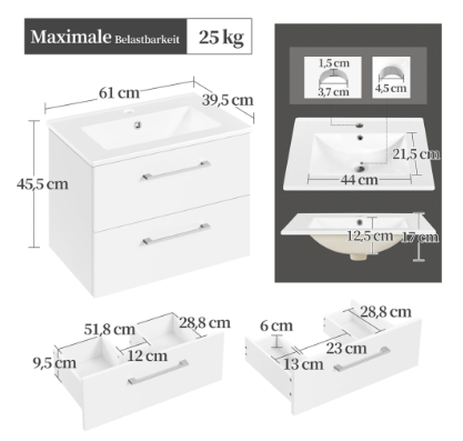 Yaheetech Badkamermeubel met Wastafel - Wit Hoogglans - 61 x 39,5 x 45,5 cm - Wandmontage, 4 Lades, Keramische Wasbak