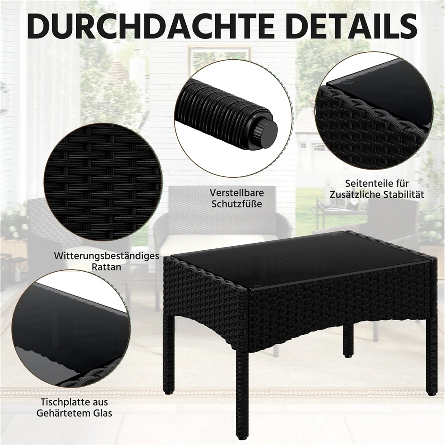 Yaheetech Tuinset Loungeset 4-Delig – 100 x 59,5 x 83,5 cm – Voorzien Van Handgeweven PE-Rattan En Glazen Tafelblad En Wasbare Kussens – Voor Tuin En Balkon – Zwart Polyethyleen En Metaal