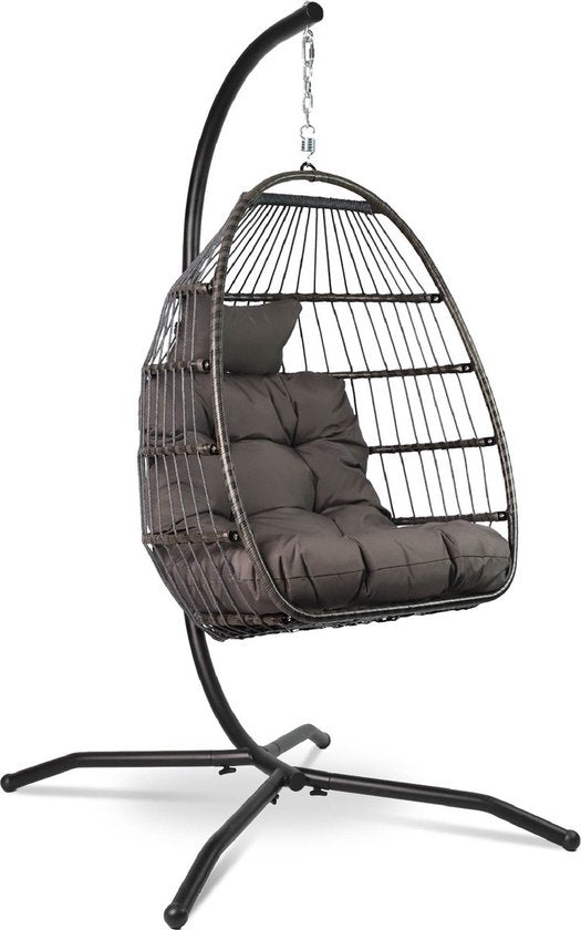 Vita5 Egg Hangstoel – Binnen en Buiten – Cocoon Stoel - met Standaard - tot 150kg – Opvouwbaar - Incl. Kussen – Donkerbruin