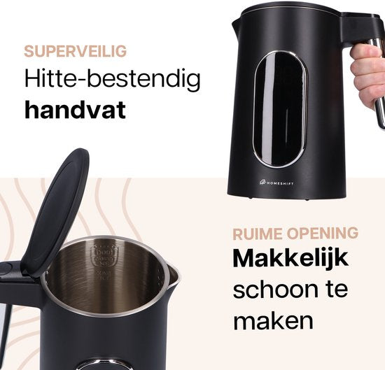 HomeShift® Waterkoker met Temperatuurregeling - Warmhoudfunctie - Dubbelwandig - Elektrisch - 1,7 Liter - 2200W - Zwart