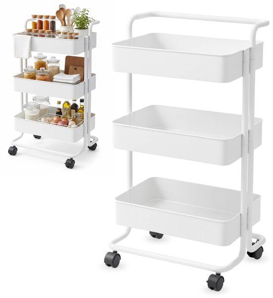 Keuken trolley op Wieltjes - 3 laags - Keukenrek - Serveerwagen - Kastje - Karretje - Opberg - Douche kastjes staand - Rekje - Wit - Luft