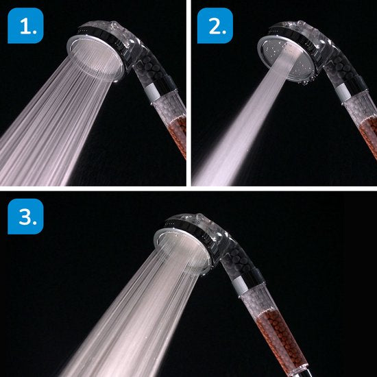 Aquadon Shower Hero - Waterbesparende Douchekop met natuurlijke Minerale parels - drie Waterstraalsterktes - voor alle gangbare Doucheslangen - 3 Straalsoort - Verhoogt de Waterdruk - bespaart Water